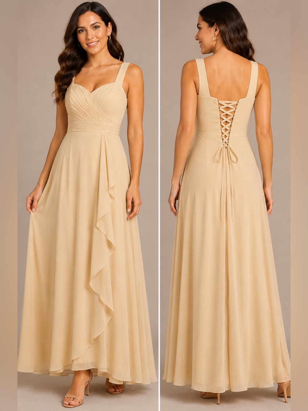 Champagne Chiffon Corset Back Maxi Dress Size 8 Bridesmaid Formal